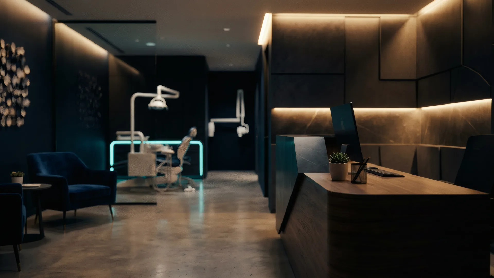 Modern dental clinic reception with warm lighting and cyan accents