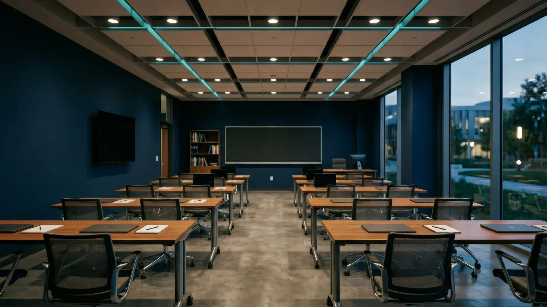 Bright classroom with modern educational technology and contemporary design