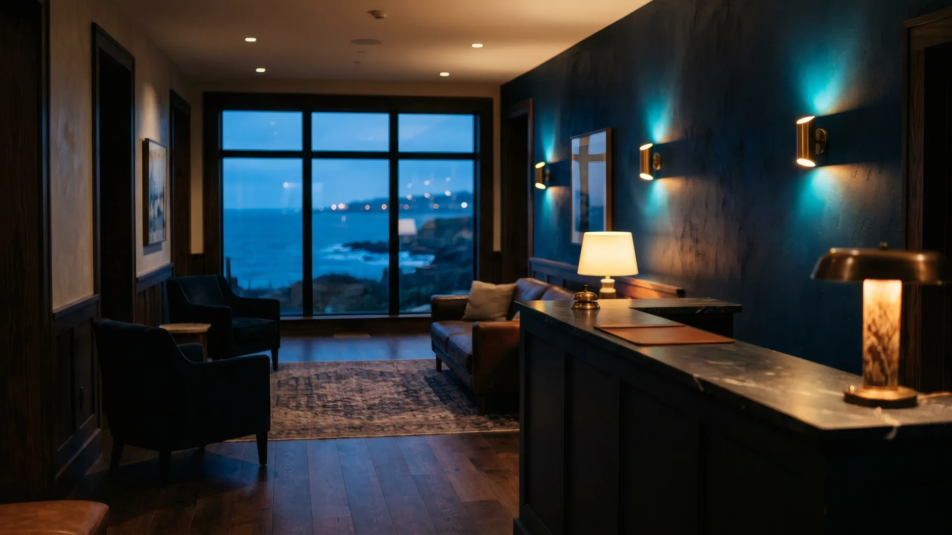 Boutique hotel lobby with soft lighting and ocean view