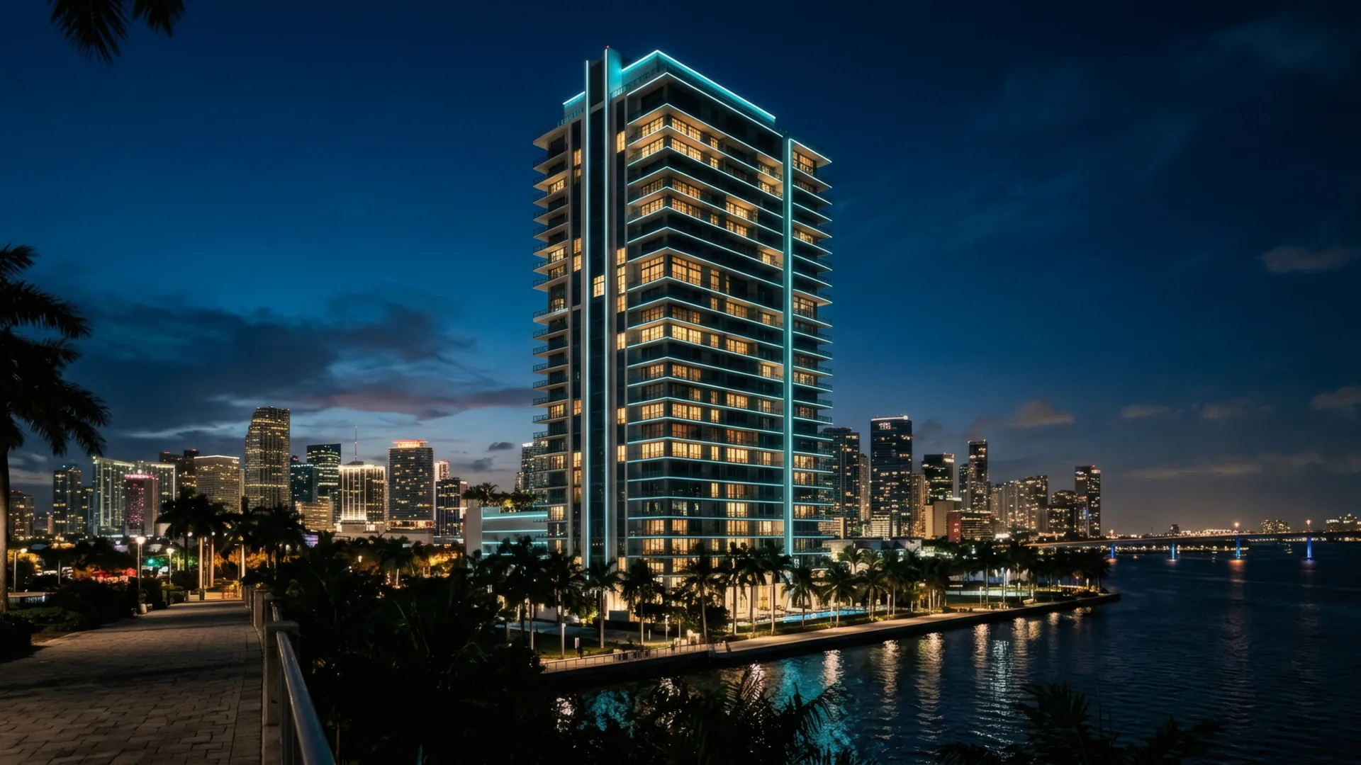 Modern residential building at dusk with clean architectural lines